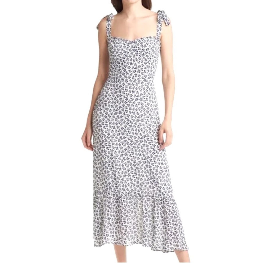 New Reformation Nikita Tie Straps Midi Dress Frill Hem in White/ Blue Sz 10